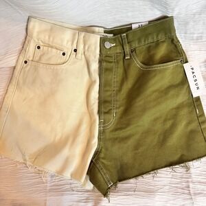 Pacsun Two Tone Denim Shorts High Rise Raw Hem Casual Spiced Olive Size 27 waist
